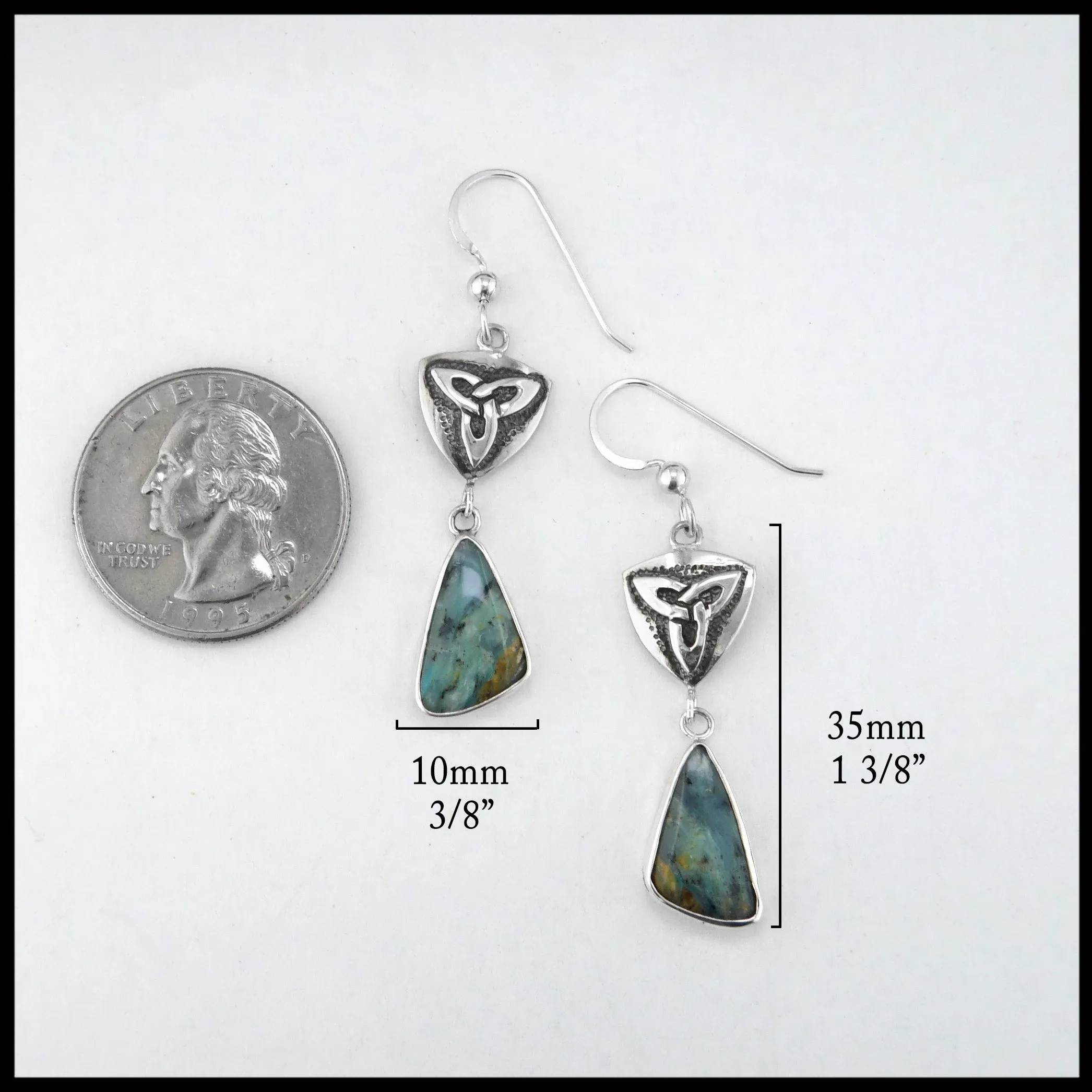 Trinity Shield Drop Earrings with Peruvian Opal